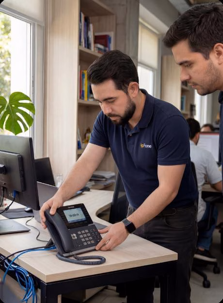 IPFone technician setting up a desk phone with a customer